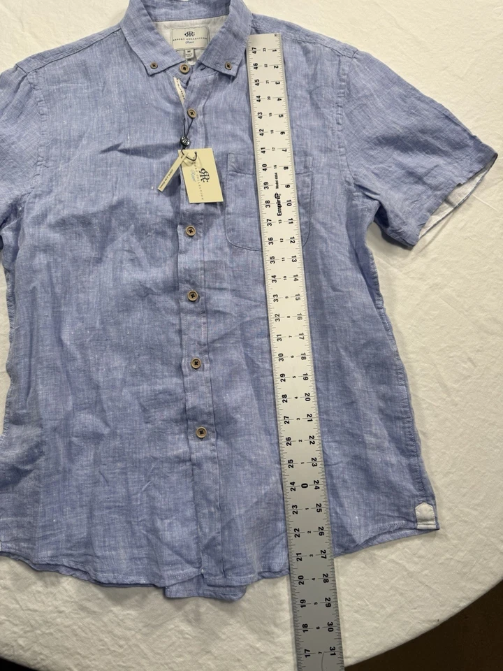 Report Collection Resort Soft Linen Short Sleeve Blue Button Down Shirt Medium  - Image 2 of 3