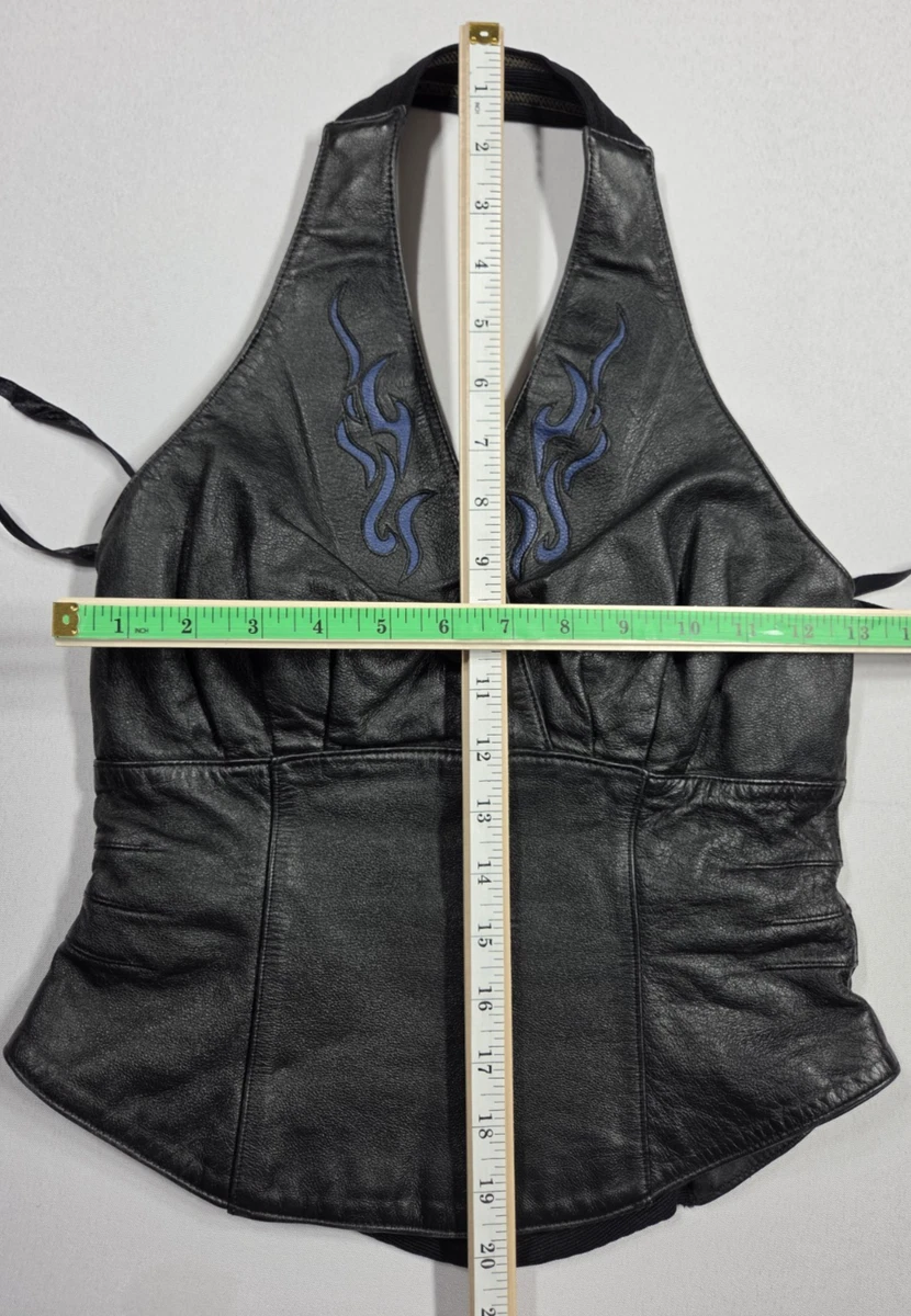Vintage Harley Davidson Women's 32/4 W Halter Top Lined Blue Flame Leather