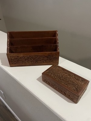 Hand Carved Wooden Desk Organizer Letter Holder Box Set Floral Carved