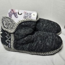 Muk Luks Bootie Slippers Womens XL 11 12 Gray Cableknit Fair Isle Faux Fur Cozy