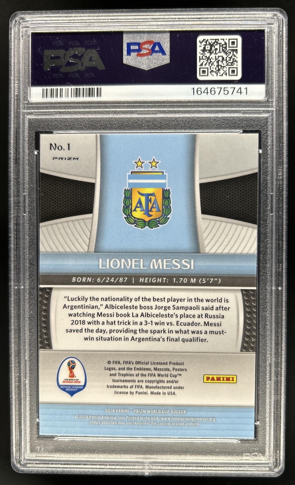2018 Panini Prizm World Cup Lionel Messi Red & Blue Wave #1 Argentina PSA 10 view 2