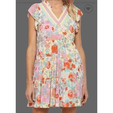 Fate Womens Mini Dress Medium Patchwork Floral Feminine Easter Brunch Spring