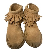 Minnetonka Ankle Leather Moccasins Youth Size 11 Camel Tan Suede Fringe Zip VTG