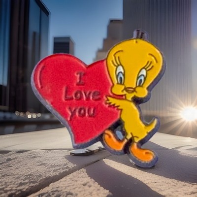 Offizielles Warner Bros Tweety Pie hält ein rotes Herz ''Ich liebe dich'' Abzeichen. Z3 13