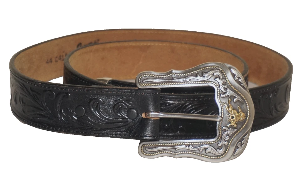 Cinto Western Vintage TONY LAMA Preto Couro Trabalhado e Estampado BRONCO 44" - Imagem 3 de 4