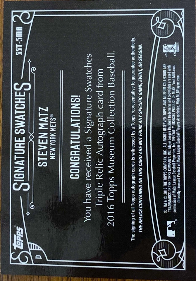 Steven Matz Signature Swatches 2/5 Topps 2016 - Image 2 of 3