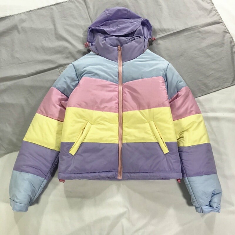Women Girl Puffer Coat Jacket Rainbow Striped Hooded Padded Winter