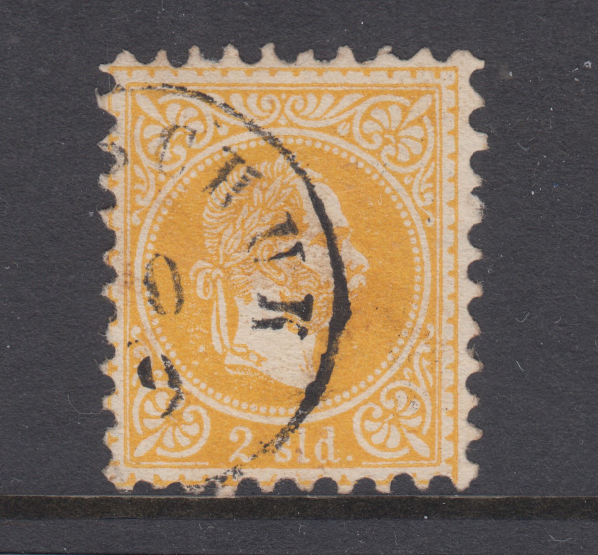 Bulgaria, Austrian Post Sc 2A11 used 1867 2sld yellow Franz Josef