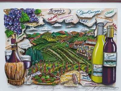 Charles Fazzino 3D A TASTING IN WINE COUNTRY Handsig DX Framed Vino Wine Grape