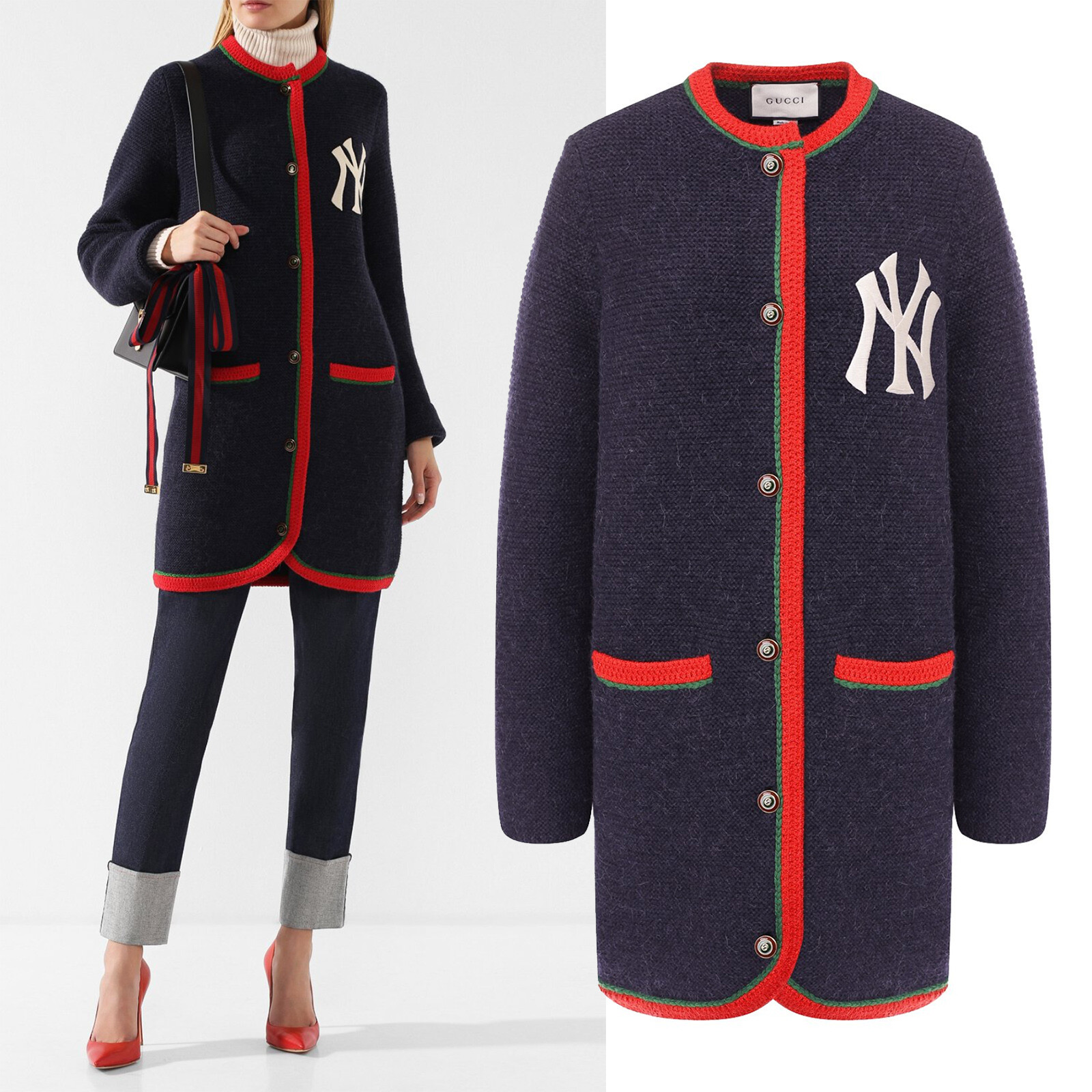 GUCCI Yankees Logo Cardigan Sweater in Wool & Alpaca - Size Small $3800-image