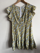 Yellow Size L 12 Summer Dress Floral Shirt Frill Sage Green Holiday Floaty Beach