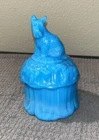 Vintage Akro Agate Glass Scotty Dog Powder Box Turquoise Blue & Colonial Lady