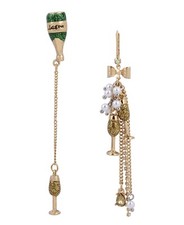 NEW BETSEY JOHNSON GOLD TONE CHAMPAGNE BOTTLE & CUPS, MISMATCHED, DROP EARRINGS