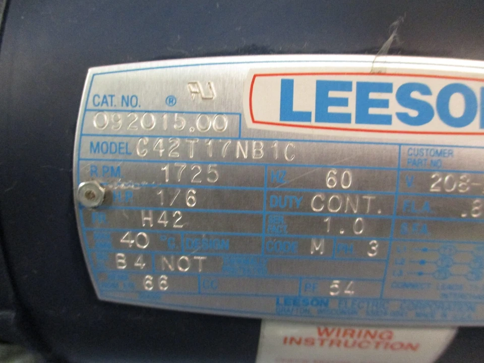 LEESON C42T17NB1C 1/6 HP 3 PHASE 1725 RPM Motor H42 Frame Cat. 092015.00 - Image 4 of 4