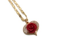 Red Rose Heart Pendant with Necklace Gold Filled NEW Charm Chain Roses