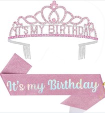 It  s My Birthday Crown Tiara And Sash Set Rhinestones Glitter Pink