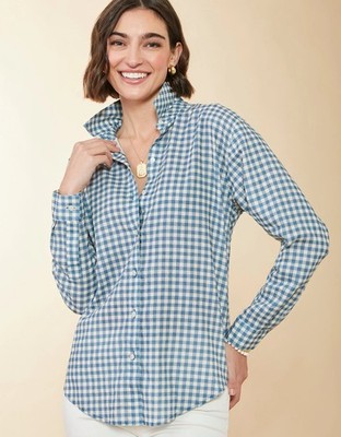 Spartina 449 Aida Relaxed Buttondown Clara Gingham Bluestone Collared Large