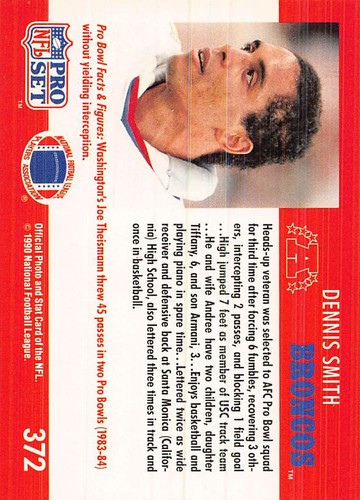Dennis Smith 1990 Pro Set 372 Denver Broncos Football Card - Picture 2 of 2