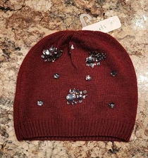 NWT Charming Charlie Beanie Knit Hat w/Jewels Rhinestones Burgundy Maroon Wine
