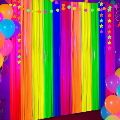 4 Packs Glow in the Dark Foil Fringe Curtain, Macaron Rainbow Blacklight Reactiv