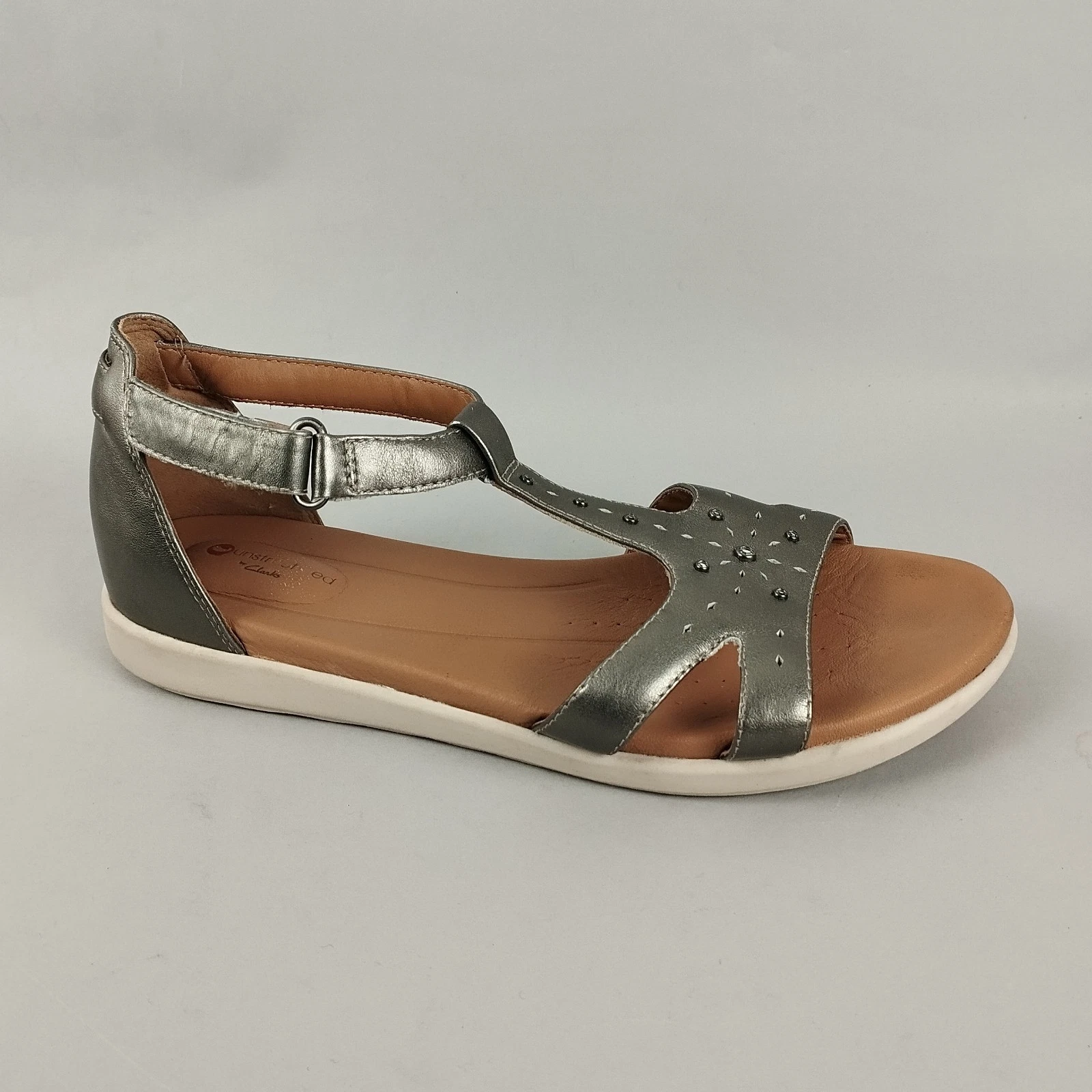 Sandali Clarks T Bar donna 7 pelle grigia piatti destrutturati comodi vacanza