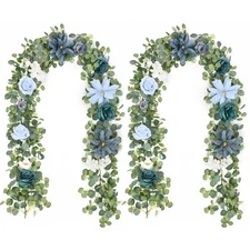 2Pcs Artificial Eucalyptus Garland with Flowers 6.07Ft, Wedding Table Decorat...