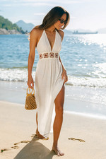 Women's Long Maxi Dress Halter Neck Beach Summer Holiday Dress Cream Size S, 10