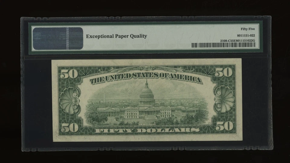 DBR 1950-B $50 FRN Philadelphia Fr. 2109-C PMG 55 EPQ Serial C04218509A - Image 2 of 2