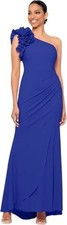Xscape Women's Long One Shoulder Ruffle Scuba Crepe Dress, Navy Blue, 10P