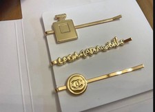 Authentic CHANEL Gold Tone Hair Pin Set 3pcs Coco Logo Perfume Bottle Design