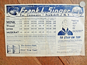 1949 FRANK L. SINGER FUR CO. MASS. FUR PRICE LIST  TRAPS VINTAGE TRAPPING