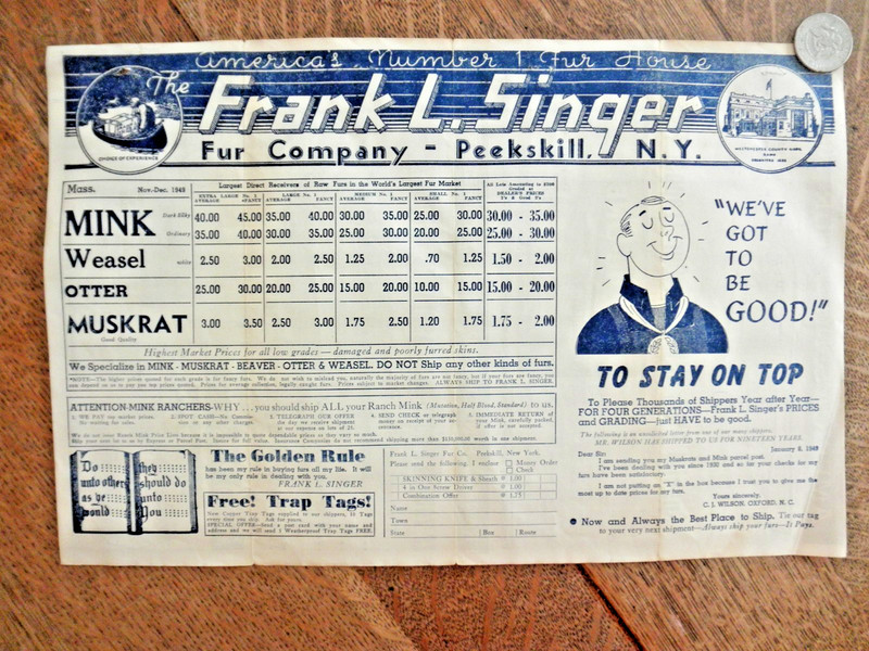 1949 FRANK L. SINGER FUR CO. MASS. FUR PRICE LIST  TRAPS VINTAGE TRAPPING