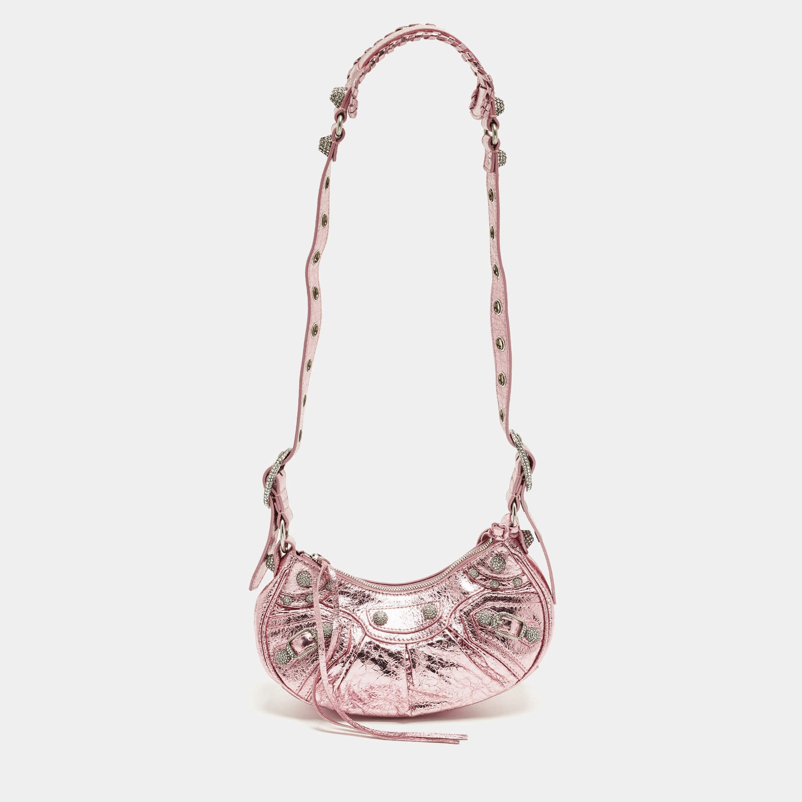 Balenciaga Le Cagole Crystals XS Metallic Pink Foil Leather Shoulder Bag