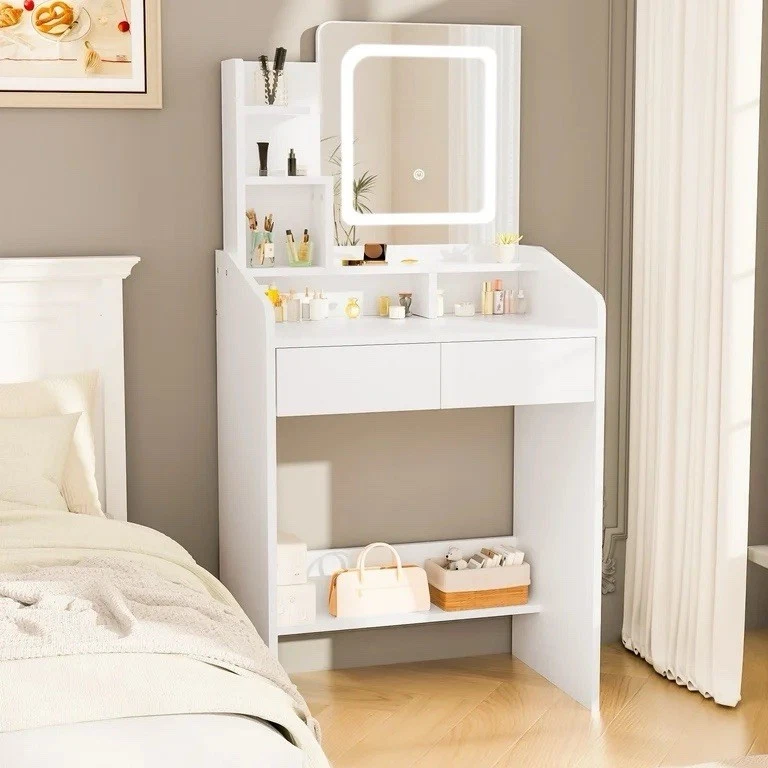 LIVELYGLOW Makeup Vanity Desk w/ Lighted Mirror, 7 Shelves & 2 Drawers White Bedroom Table