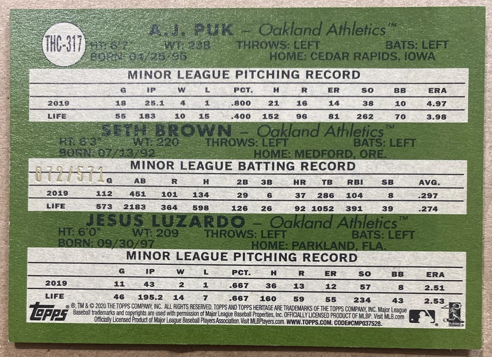 2020 Topps Rookie Stars Athletics THC-317 /571 Oakland Athletics - Image 2 of 2