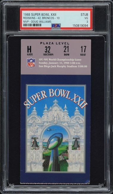 1988 Super Bowl XXII Ticket Stub PSA 3 Jan. 31 Redskins Broncos