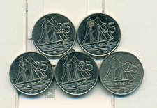 5-25 CENT COINS w/ SHIP from the CAYMAN ISLANDS (1982, 1992, 1996, 2005 & 2008)