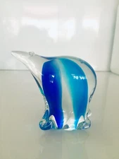 Animal Polar Bear Cobalt Blue & Green Hand Blown Art Glass Figurine Paper Weight