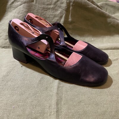 60s Vintage Womens Black Leather Block Heel Mary Jane Style Dance Shoes  Size