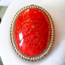 Coral Glass Cabochon Brooch Seed Pearl Cameo Vintage Victorian Revival