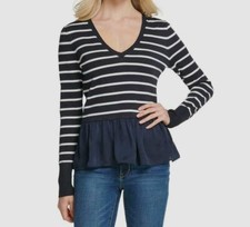  99 DKNY Women's Blue Striped V-Neck Long Sleeve Ruffle Waist Sweater Size Small