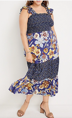 NWT Maurices Blue Floral Smocked Tiered Ruffle Sleeveless Midi Dress, 1X  16W 18W | eBay