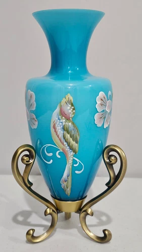 Fenton Glass Landmark Collection Teal Amphora Vase Signature Piece with Stand