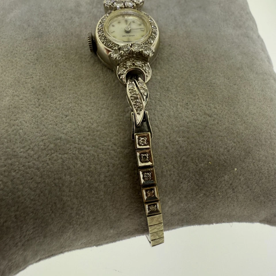 Antique Hamilton 14K White Gold Ladies Watch w/ Diamonds – Elegant Vintage Watch - Image 4 of 4