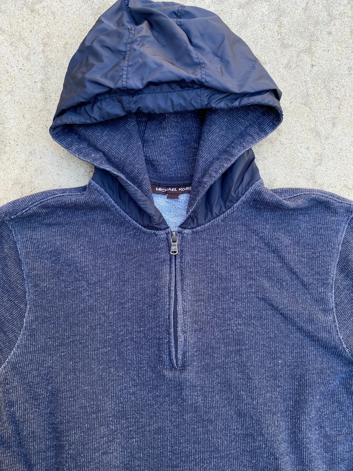 Michael Kors Men's Designer Blue Cotton Nylon Hoodie 1 4 Zip Sweater Medium