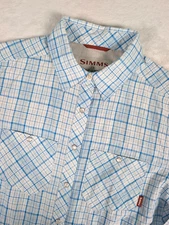 Simms Cor3 Pearl Snap Long Sleeve Shirt Womens Small Vented Poly Blue Plaid