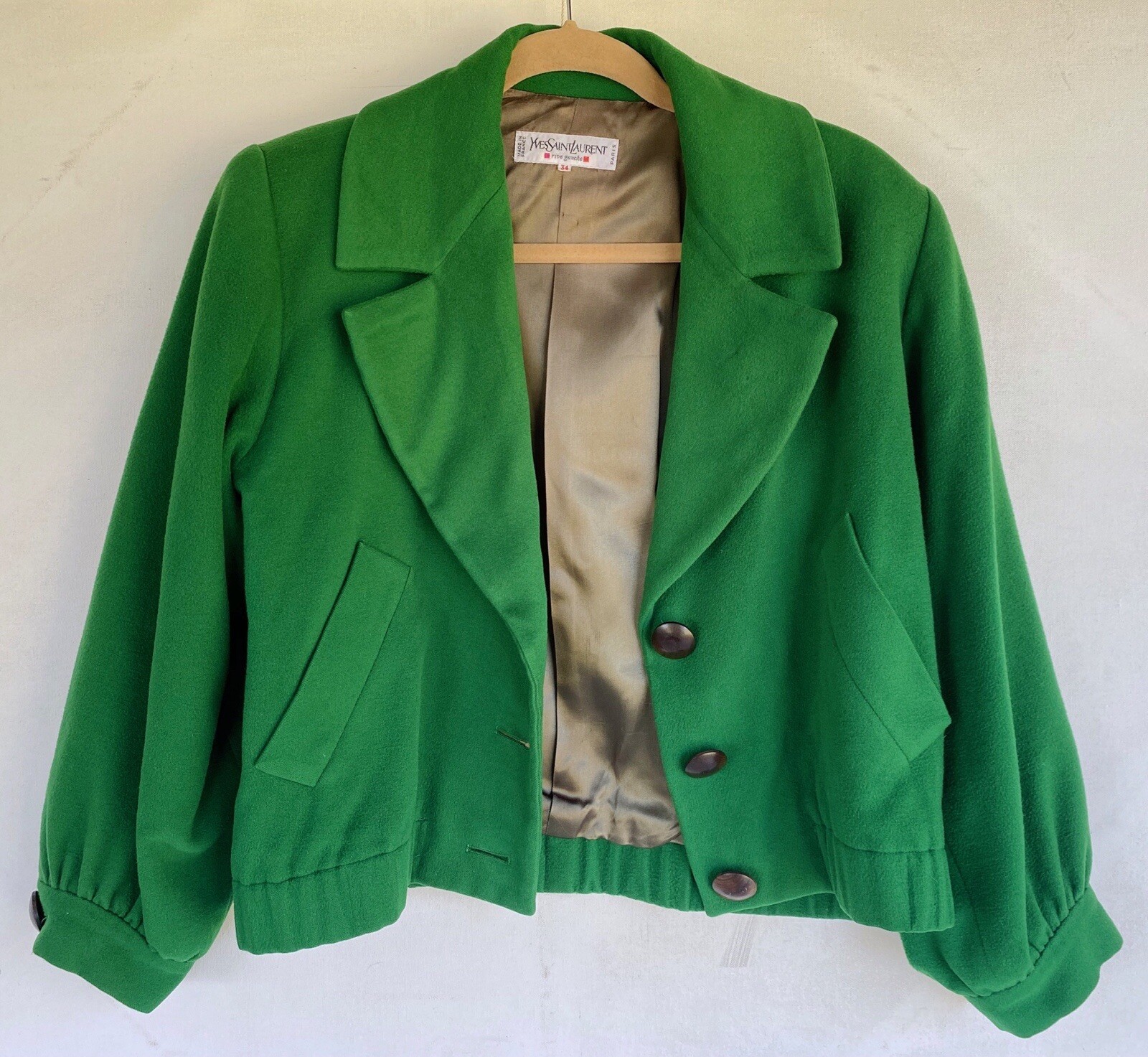 Giacca couture vintage YVES SAINT LAURENT verde lana legno con bottoni taglia 34