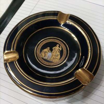 Spyropoulos Navy Blue 24K Gold Ashtray Handmade Greece Vintage 14cm 5.5''Greek