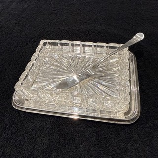 Vintage Silver Plated Butter Dish with glass insert and butter knife.