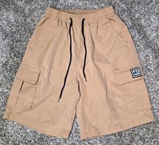 Men's Green Tan Cargo Shorts Solid Canvas Polyester Flat Front Elastic S